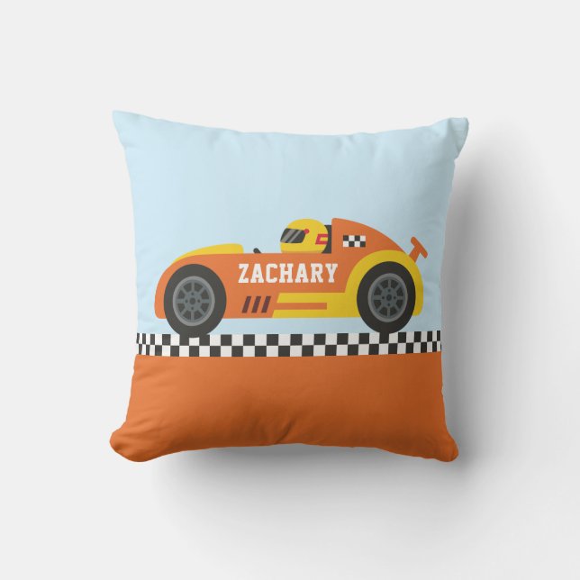 Racer in Orange and Yellow Race Car Boys Room Cushion (Front)