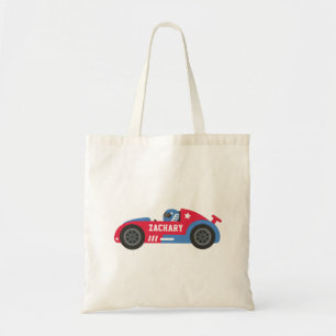 Racer in Red Blue and White Race Car Kids Name Tote Bag