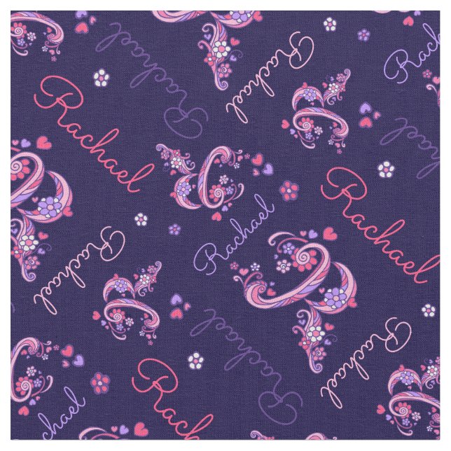 Rachael letter R monogram heart flowers fabric (Close Up)