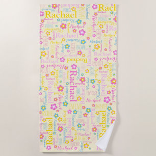 Rachel flowers name typographic yellow pink beach towel
