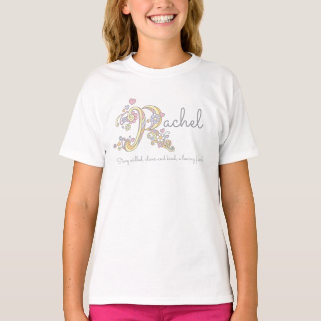 Rachel girls name meaning monogram hearts T-Shirt (Front)