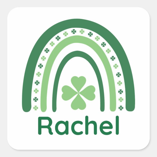 Rachel Name Clover Boho Rainbow Square Sticker (Front)