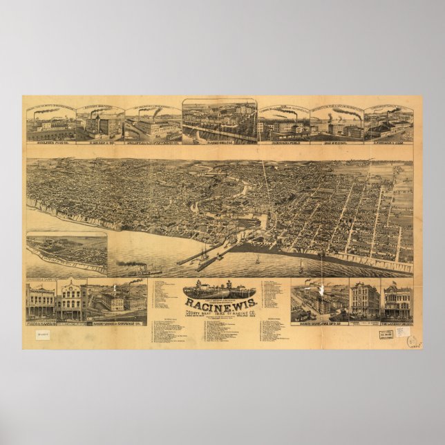 Racine WI 1883 Antique Panoramic Map Poster (Front)