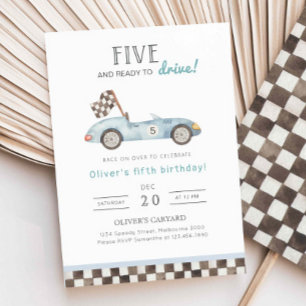 Racing 5th Birthday Invitation, Blue Car 5th B'day Invitation