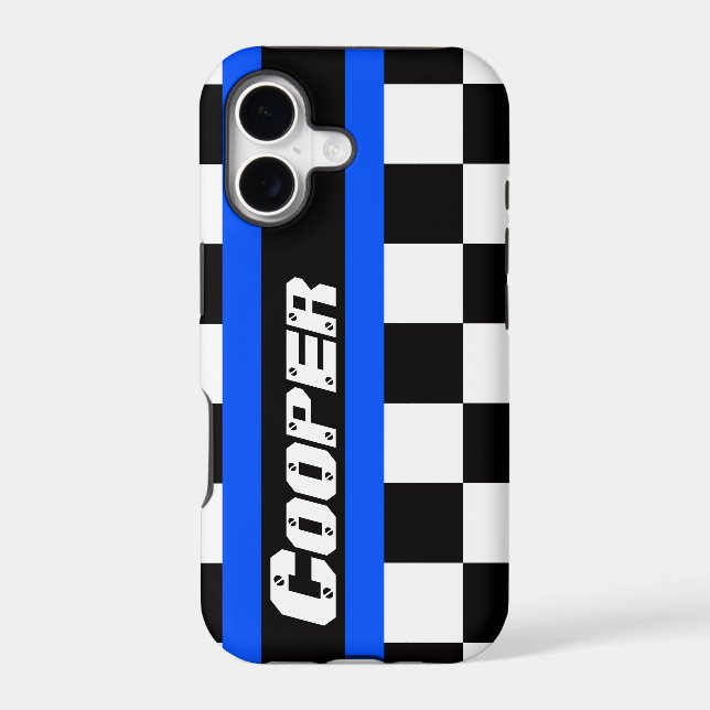 Racing auto sports chequered blue name iphone case (Back)