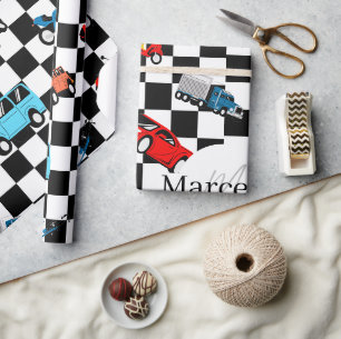 Racing Black and White Modern Pattern with Cars Wrapping Paper