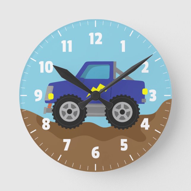 Racing Blue Monster Truck, for Boys Room Round Clock (Front)