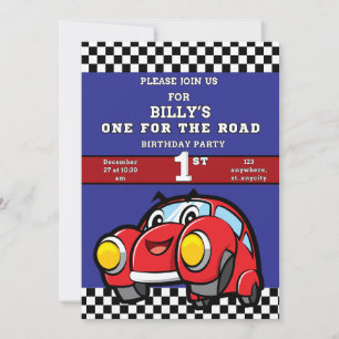 RACING BLUE ONE FOR THE ROAD 1ST Birthday Race Car Invitation
