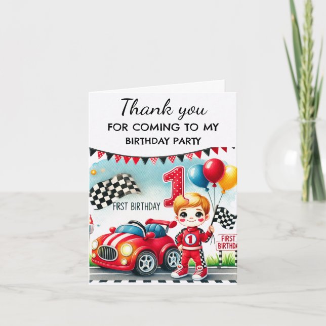 Racing Car 1st Birthday Party Boy Cute Thank You Card (Front)