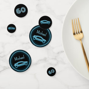 Racing Car and Male Name / Age on Neon Blue Look Confetti