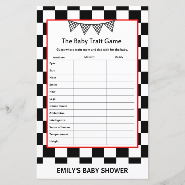Racing Car Baby Shower Game PRINTED (Front)