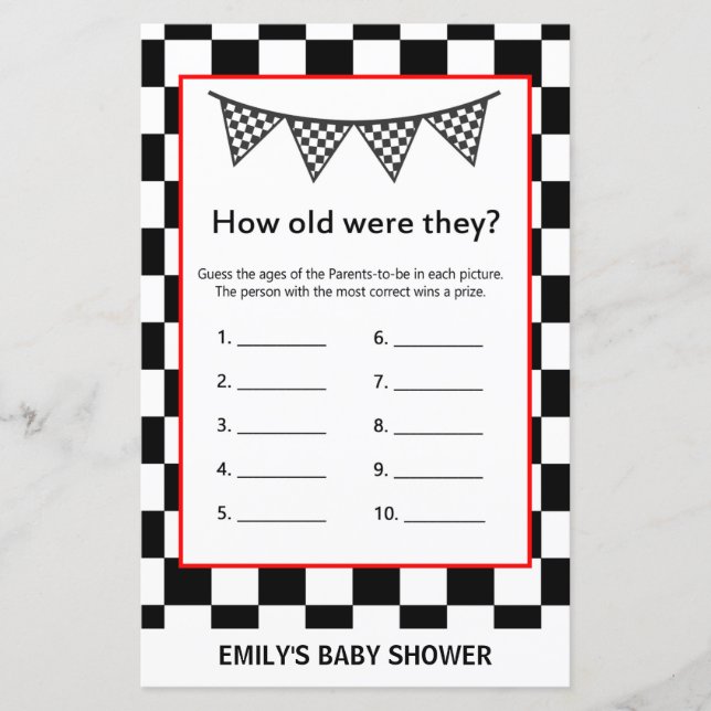 Racing Car Baby Shower Game PRINTED (Front)