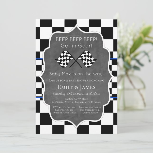 Racing Car Baby Shower Invitation, Birthday Invita Invitation (Standing Front)