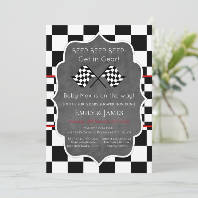 Racing Car Baby Shower Invitation, Birthday Invita Invitation (Standing Front)
