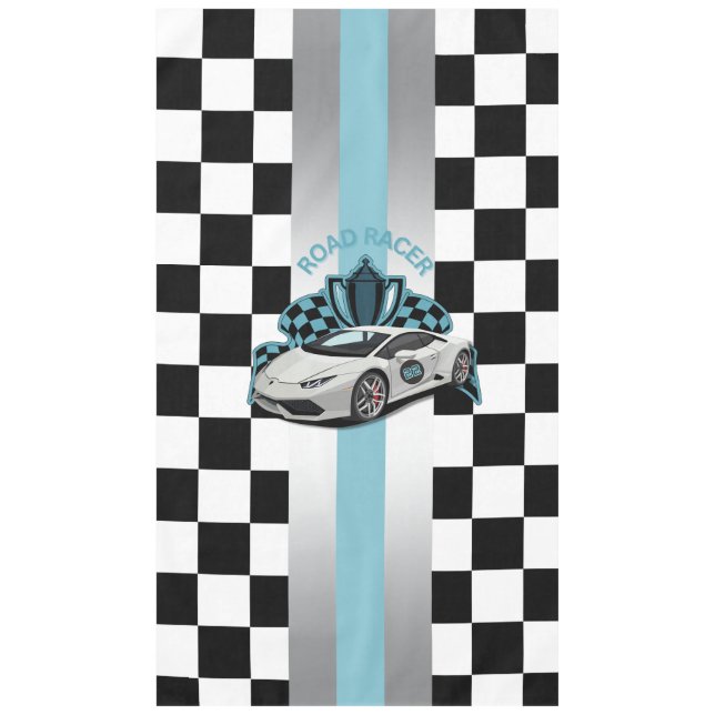 Racing car, black & white chequered blue tablecloth (Front)