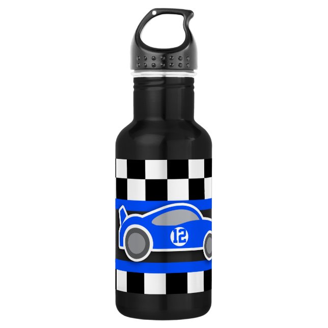 Racing car blue flag kids full name drink bottle (Front)