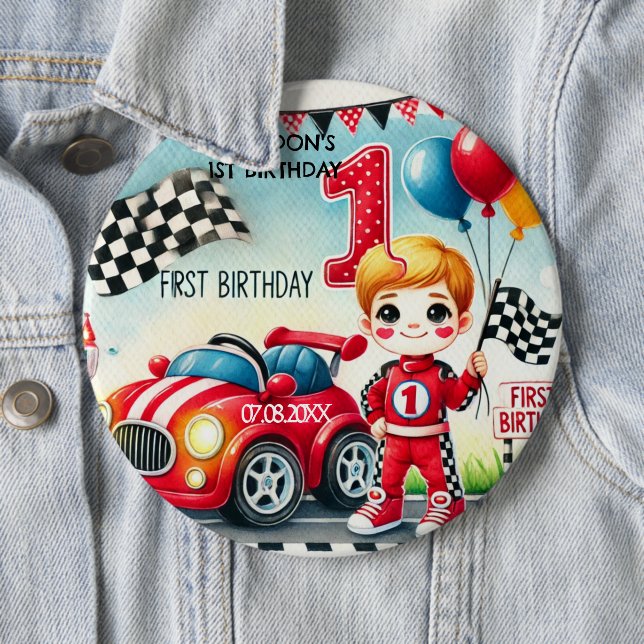 Racing Car Boy 1st Birthday Party  6 Cm Round Badge (In Situ)