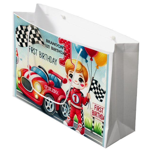 Racing Car Boy 1st Birthday Party  Large Gift Bag (Front Angled)
