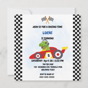 Racing car boy game Funny Dinosaur Birthday party Invitation