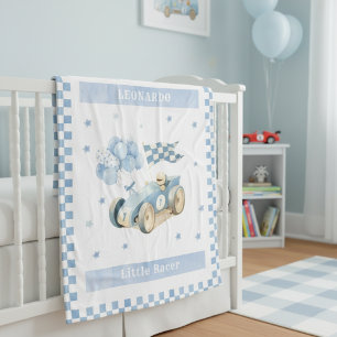 Racing Car Checkered Blue Flag Little Racer Fleece Blanket