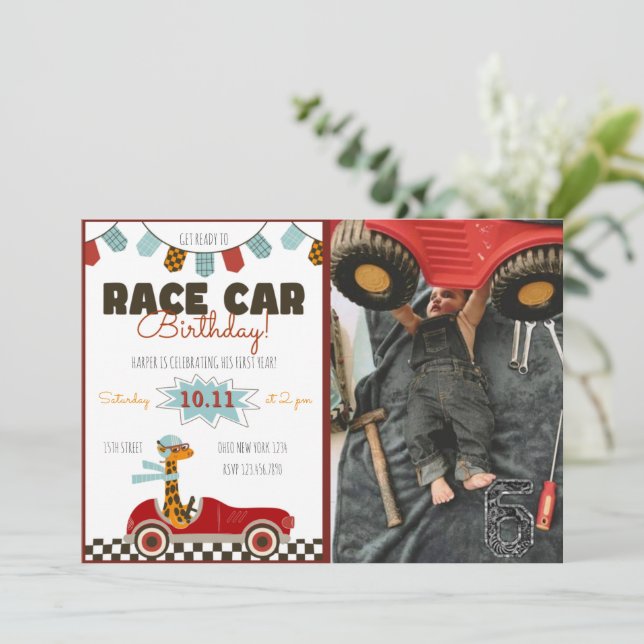 Racing Car Fast Birthday Invitation With Photo (Standing Front)
