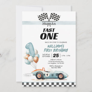 Racing Car Fast One Blue 1st Birthday Invitation