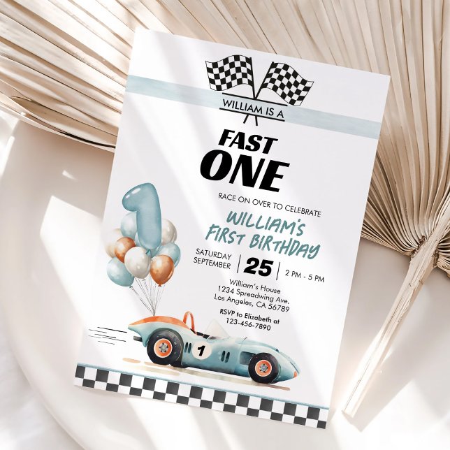 Racing Car Fast One Blue 1st Birthday Invitation (Creator Uploaded)
