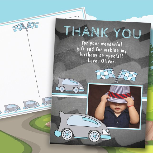 Racing Car Flag Chalkboard Photo Birthday Postcard (Creator Uploaded)