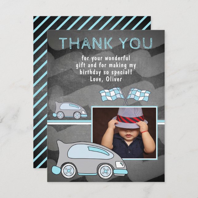 Racing Car Flag Chalkboard Photo Birthday Thank You Card (Front/Back)