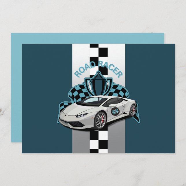 Racing car green, black & white birthday invitation (Front/Back)