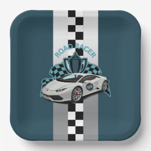 Racing car green, black & white Paper plate 