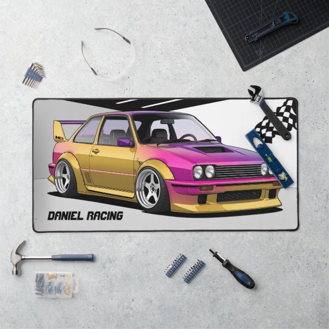 Racing Car Pink & Yellow Garage Desk Mat (Workstation)