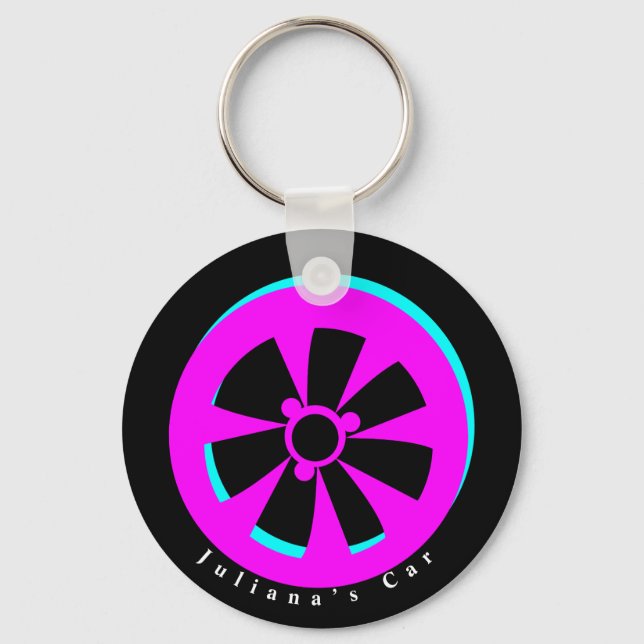 Racing Car Rim Neon Pink Black Key Ring (Front)