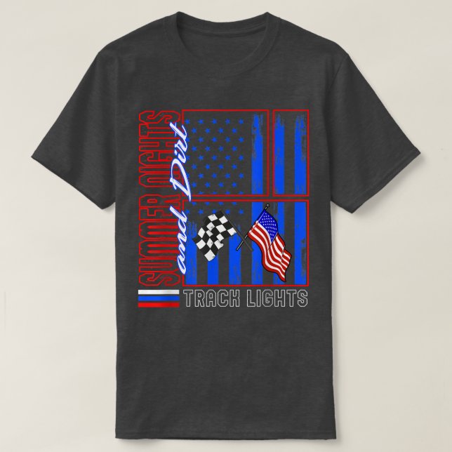 Racing Car Summer Night Dirt Track Lights USA Flag T-Shirt (Design Front)