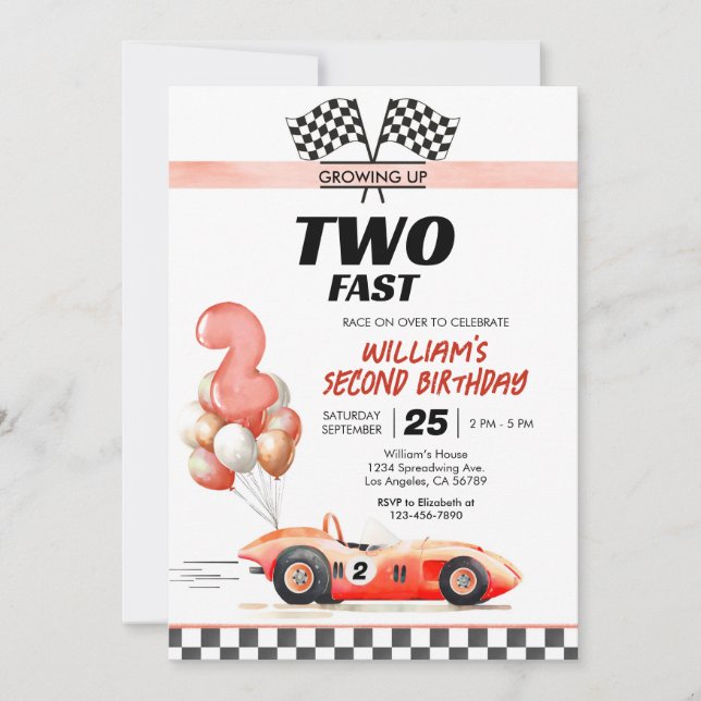 Racing Car Two Fast 2nd Birthday Invitation (Front)