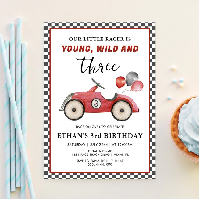 Racing Car Young Wild & Three Boys Birthday Invitation (Creator Uploaded)
