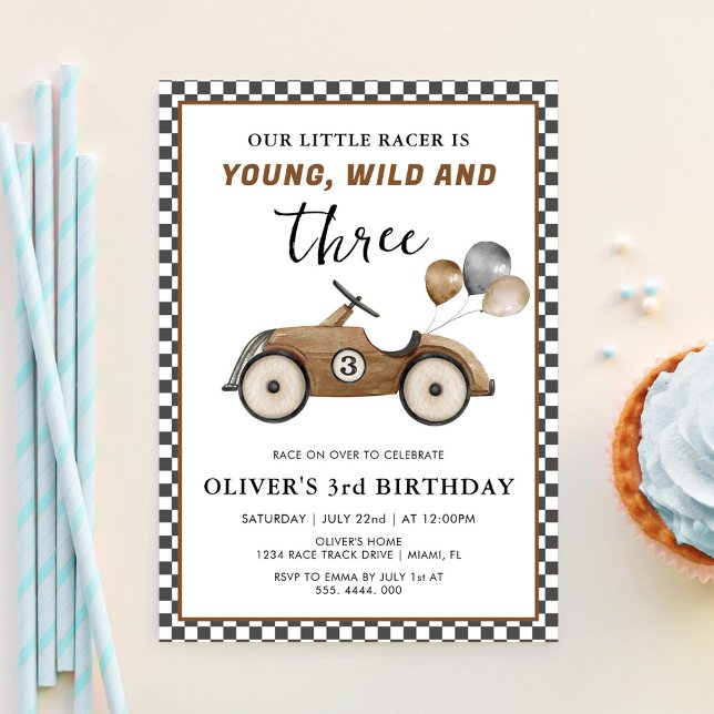 Racing Car Young Wild & Three Boys Birthday Invitation (Creator Uploaded)