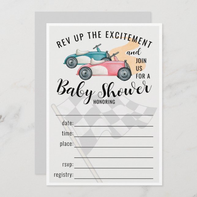 Racing Cars Fill In Baby Shower Invitation (Front/Back)