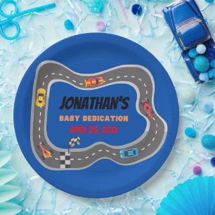 Racing Cars Racetrack Baby Boy Dedication Paper Plate