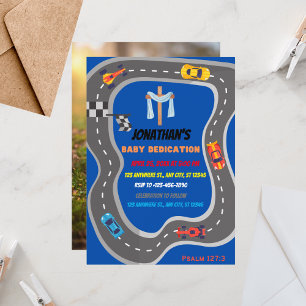 Racing Cars Racetrack Baby Boy Dedication Photo Invitation