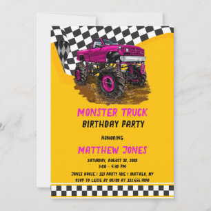 Racing chequered flag Monster Truck Birthday Party Invitation