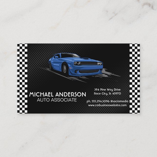 Racing Chequered Flags | Blue Sports Car Business Card (Front)