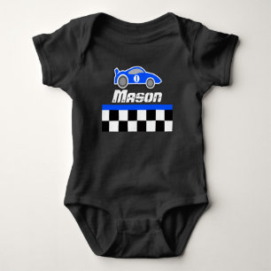 Racing driver blue car custom name baby boy romper bodysuit