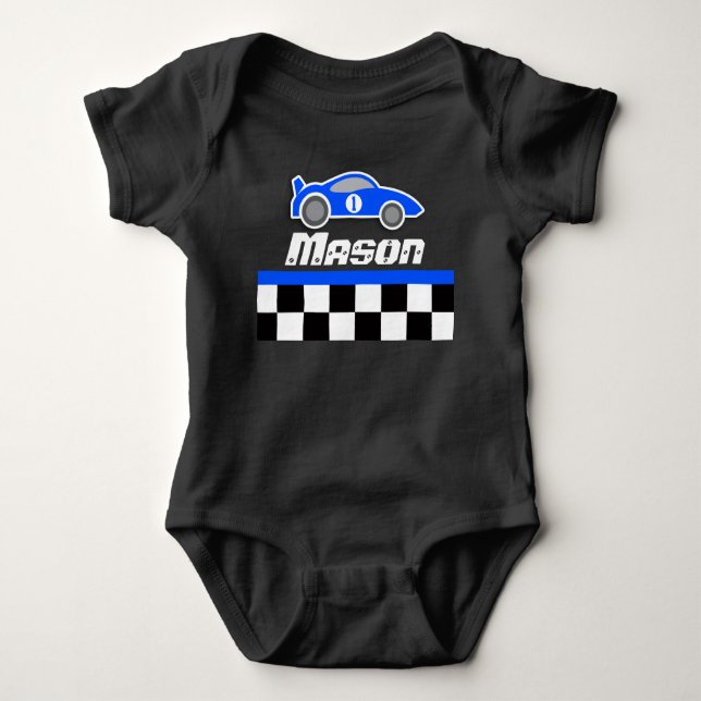 Racing driver blue car custom name baby boy romper bodysuit (Front)