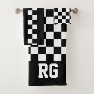 Racing Flag Black White Chequered Personalised Bath Towel Set