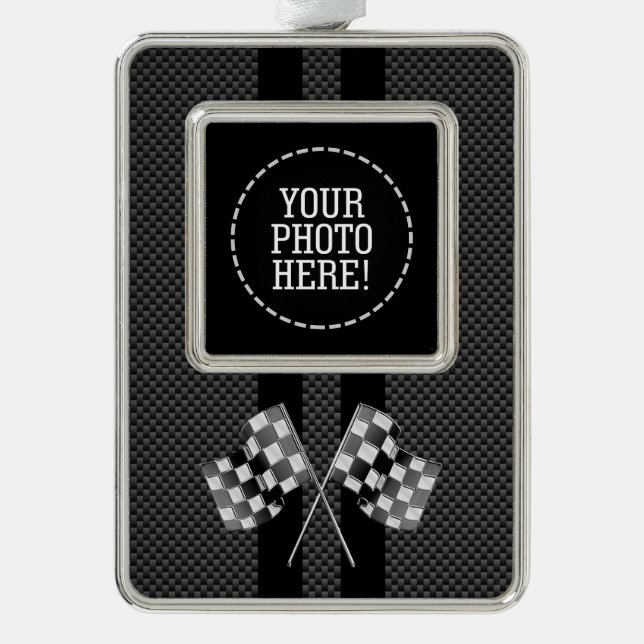 Racing Flags Design on Stripes Carbon Fiber Style Silver Plated Framed Ornament (Front)