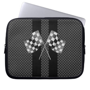 Racing Flags Design on Stripes Carbon Fibre Style Laptop Sleeve