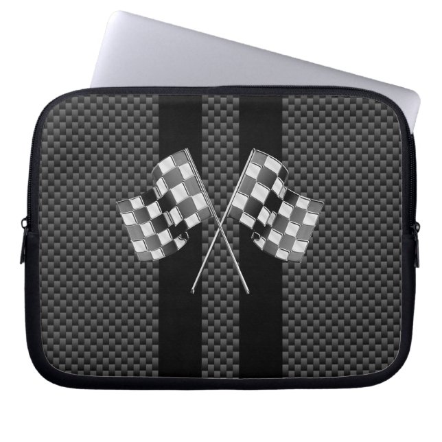 Racing Flags Design on Stripes Carbon Fibre Style Laptop Sleeve (Front)
