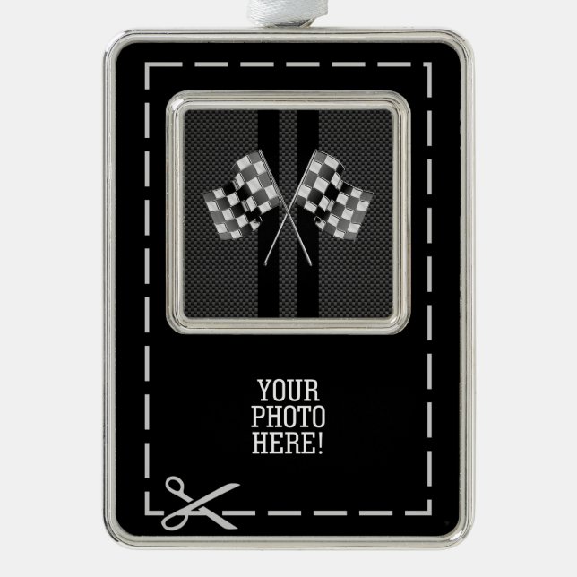 Racing Flags Design on Stripes Carbon Fibre Style Silver Plated Framed Ornament (Front)