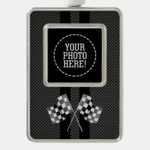 Racing Flags Design on Stripes Carbon Fibre Style Silver Plated Framed Ornament
